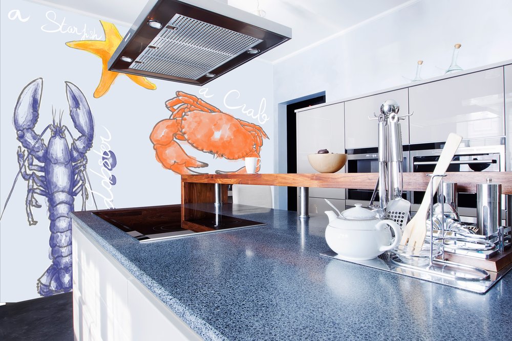 papier peint Crabe homard et compagnie dans une cuisine