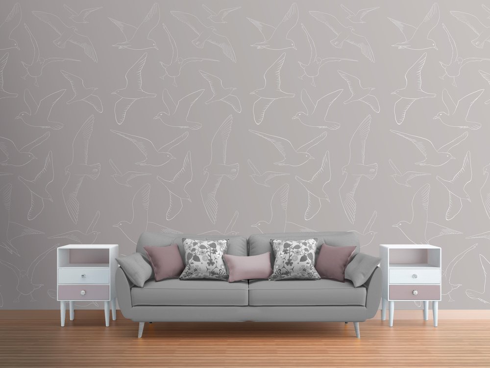 papier peint Mouettes blanches sur fond gris dans un salon