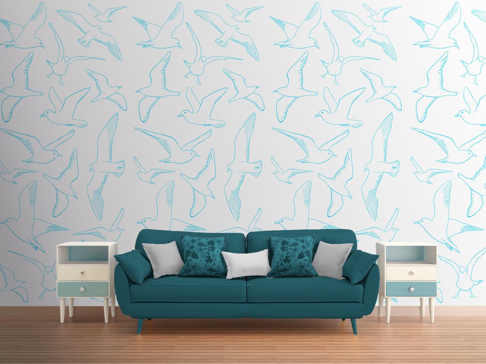 papier peint Mouettes bleues sur fond blanc dans un salon