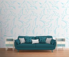 papier peint Mouettes bleues sur fond blanc dans un salon