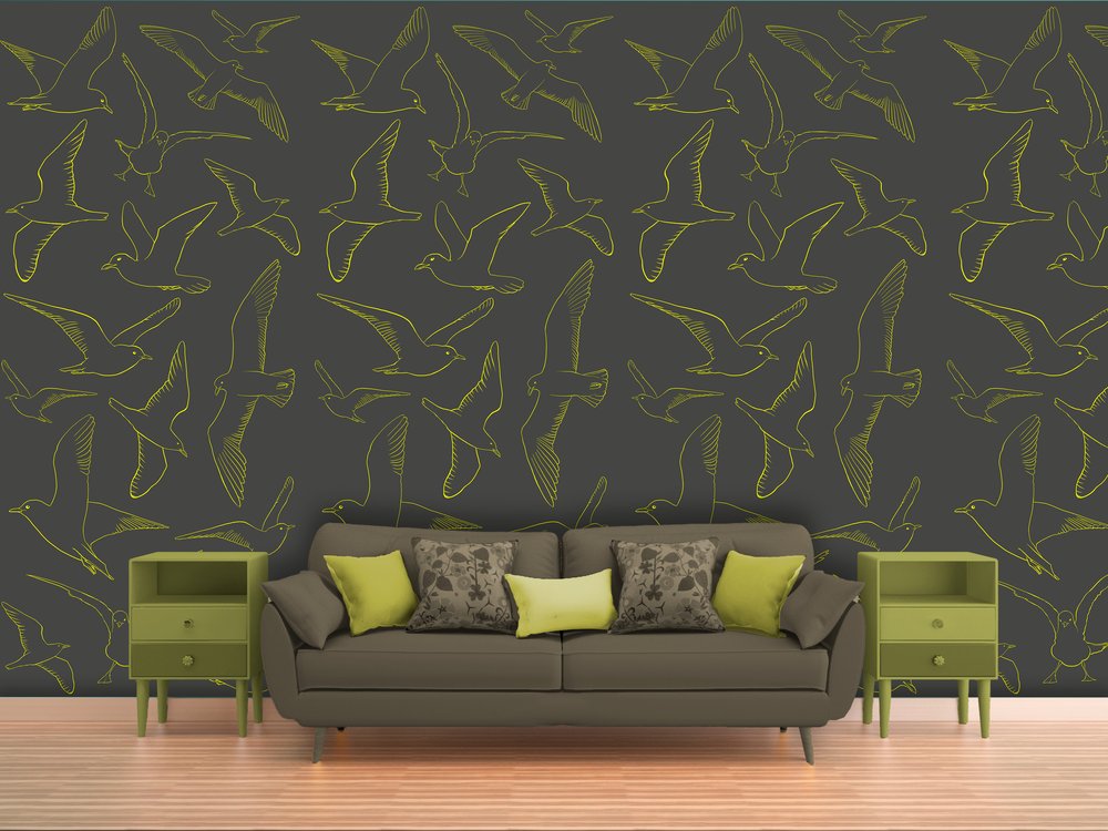 papier peint Mouettes jaunes sur fond noir dans un salon