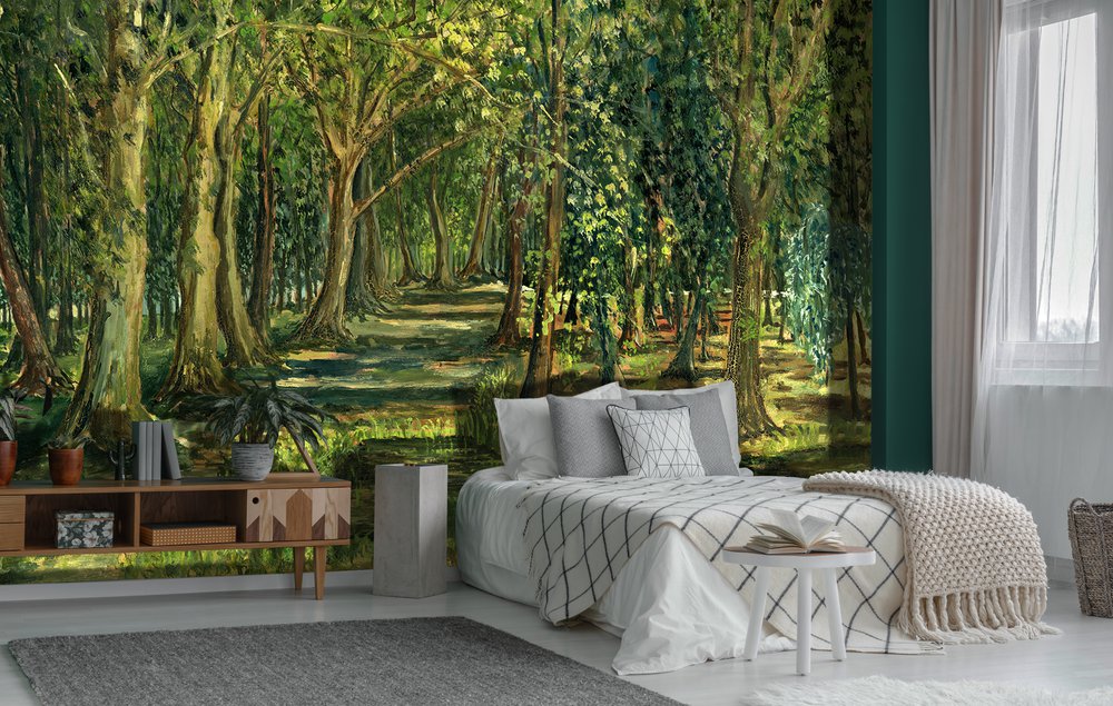intérieur-avec-un-papier-peint-représentant-un-sous-bois