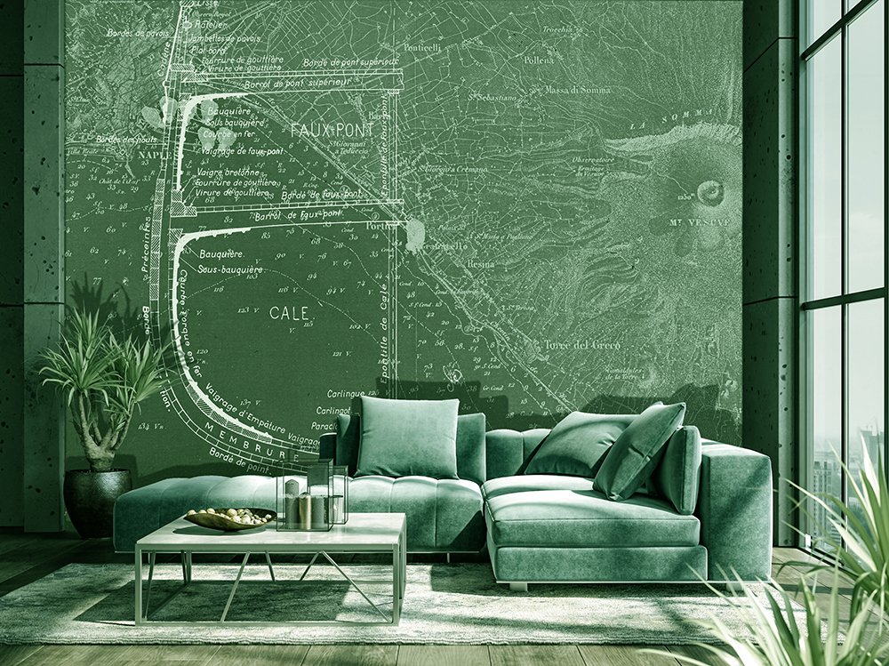 papier-peint-coupe-d'un-navire-à-voile-sur-fond- de-carte-marine-posé-dns-un-salon