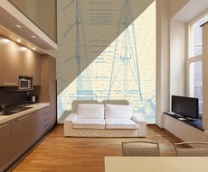 papier peint Sur la Hune, bleu sur fond écru dans un séjour