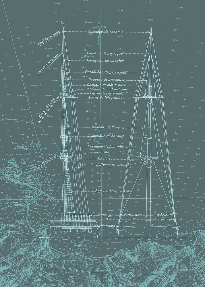 design représentant un mat d'un voilier sur fond de carte marine