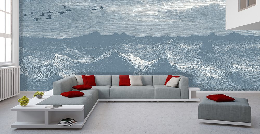 papier peint représentant un vol  d'oies au dessus de l'océan dans un salon