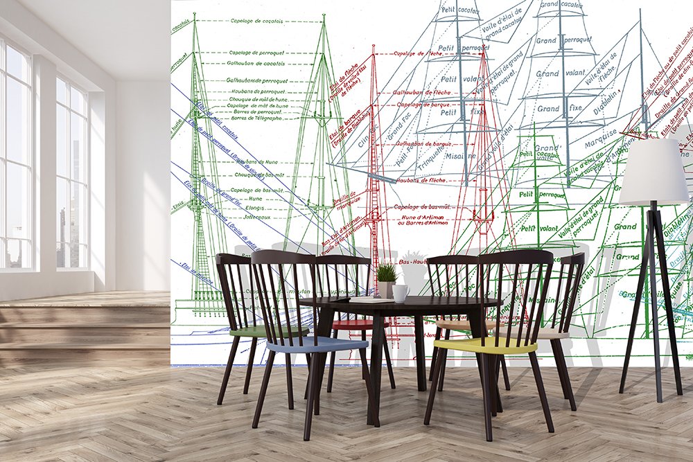 papier peint représentant une forêts de mats  de voiliers dans un salon