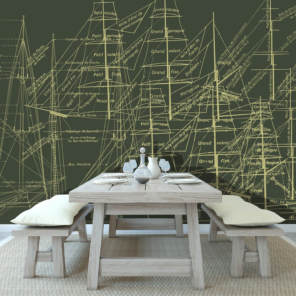 papier peint présentant les termes utilisés pour désigner les pièces d'un grément de voilier