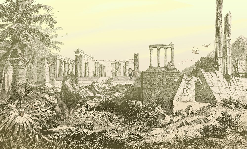 dessins représentant des lions au milieu de ruines antiques