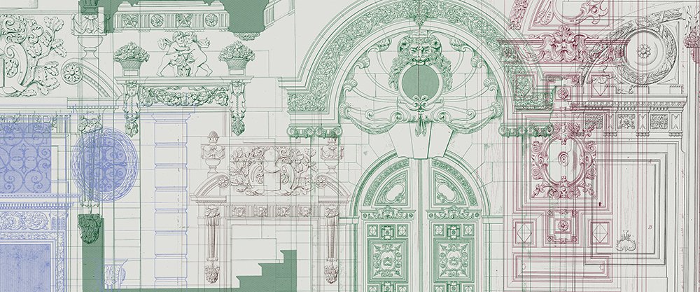 design présentant des dessins d'architecte de portails de châteaux