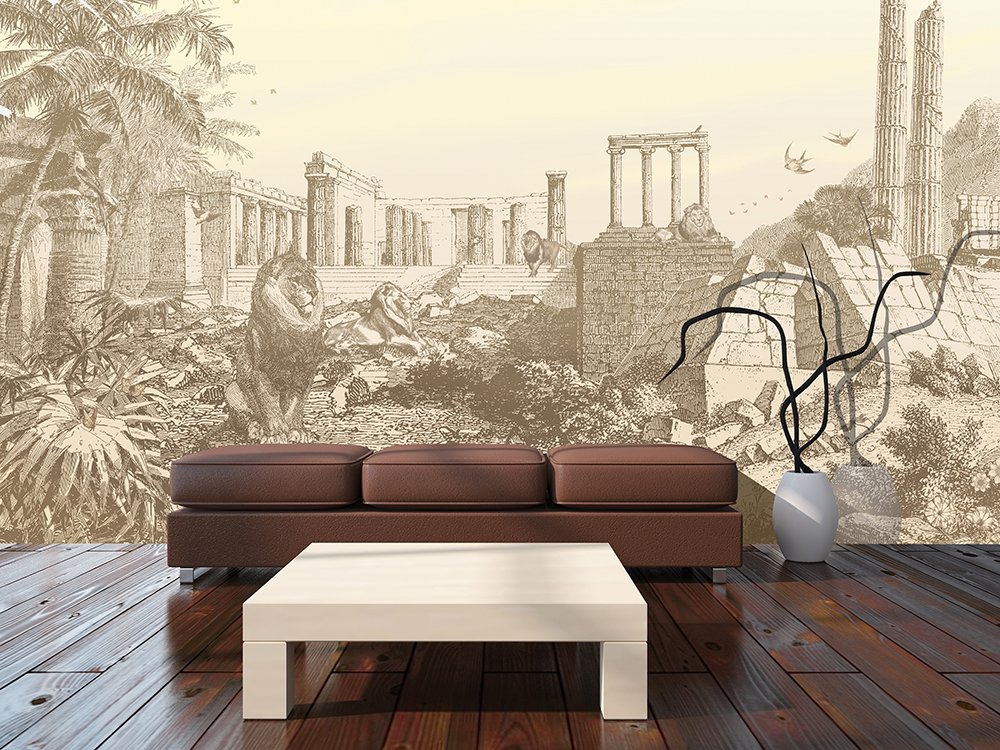 papier peint panoramique cour de lions au milieu de ruines antiques