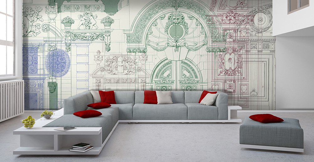 papier peint de dessins d'architecte dans un séjour