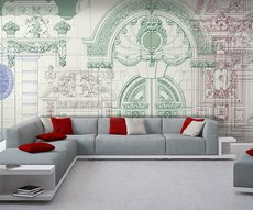 papier peint de dessins d'architecte dans un séjour