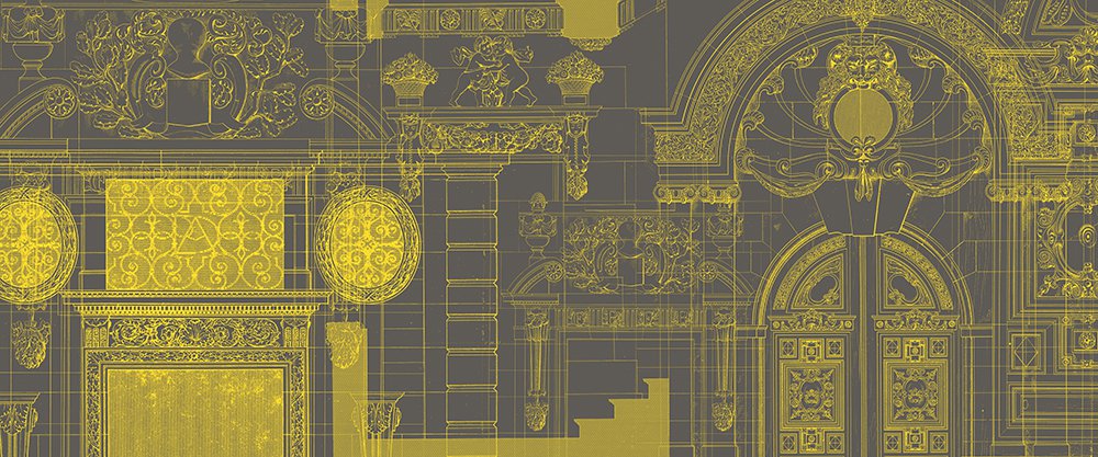 design présentant des dessins de portails en jaune sur fond taupe