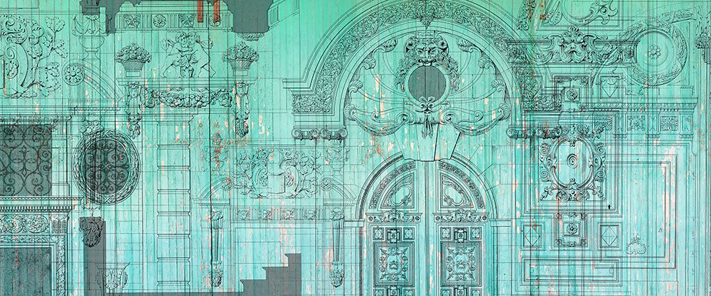 dessin présentant des dessins d'architecte sur un fond vert