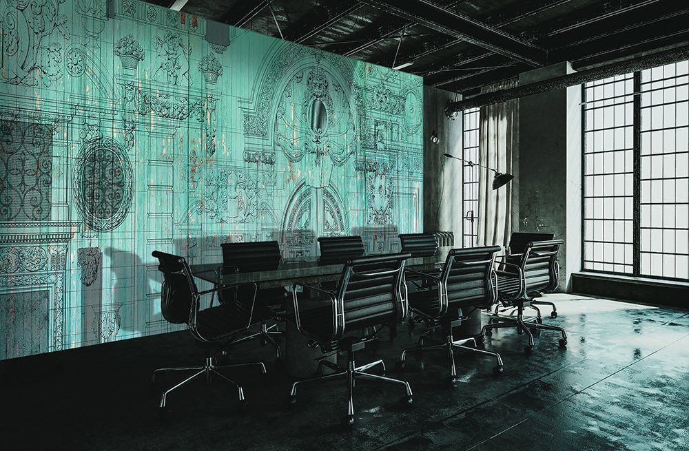 papier peint présentant des dessins d'architecte sur fond vert