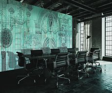 papier peint présentant des dessins d'architecte sur fond vert