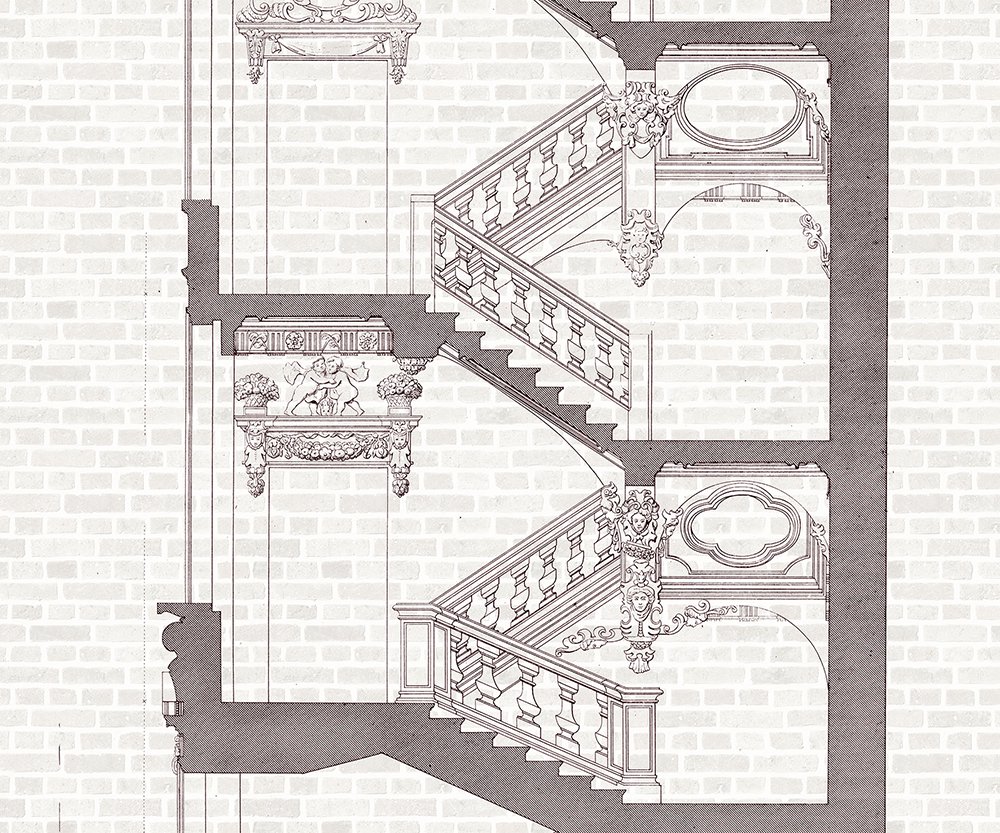 dessin d'un excalier baroque sur fond de pierres