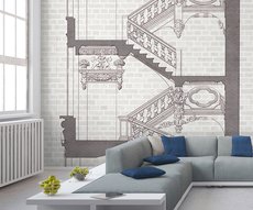 papier peint présentant un escalier baroque sur fond de pierres