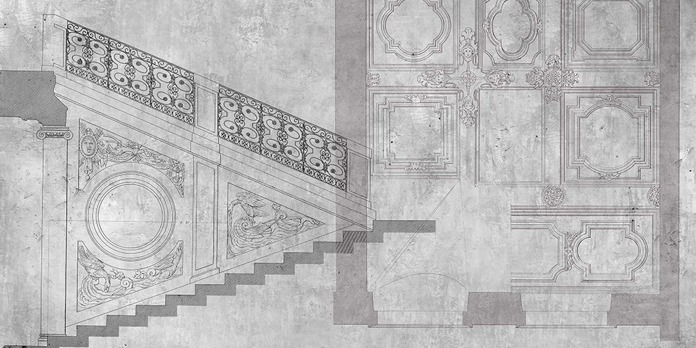 dessin présentant un escalier baroque sur fond gris clair