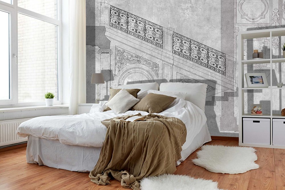 papier peint présentant un desiin d'un excalier baroque