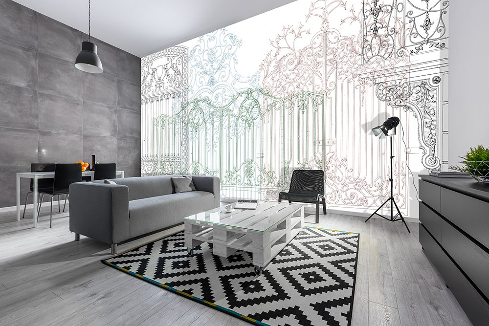 papier peint présentant des pièces de ferronnerie d'art: portails, garde corps,...