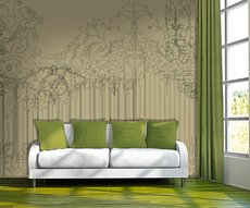 papier peint présentant des dessins de ferronnerie d'art,  posé dans un séjour