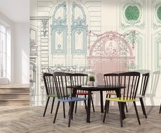 papier peint présentant des portes baroques sur un fond écru