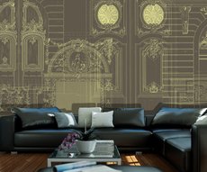 papier peint représentant des dessins de portes baroques, installé dans un salon