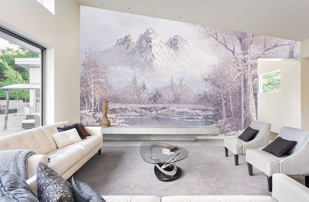 papier peint réprésentant un paysage rosé sous la neige