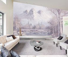 papier peint réprésentant un paysage rosé sous la neige