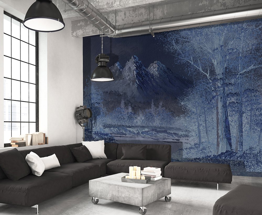 papier peint panoramique représentant un paysage nocturne dans un salon