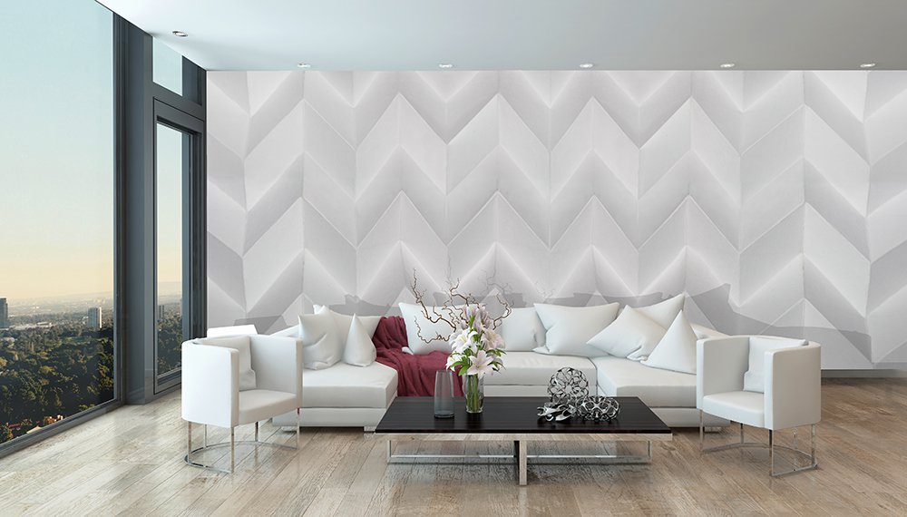 papier peint de rayures en forme de point de hongrie posé dans un séjour