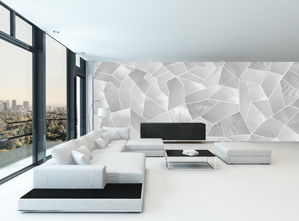 papier peint patchwork de rayures posé dans un séjour