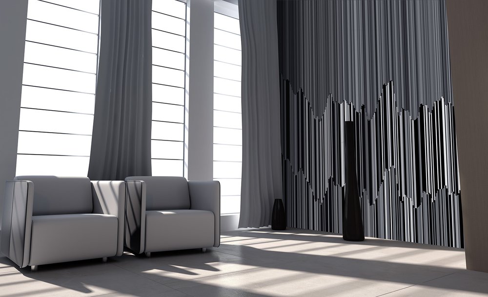 papier peint rayures grises avec motif dans un salon